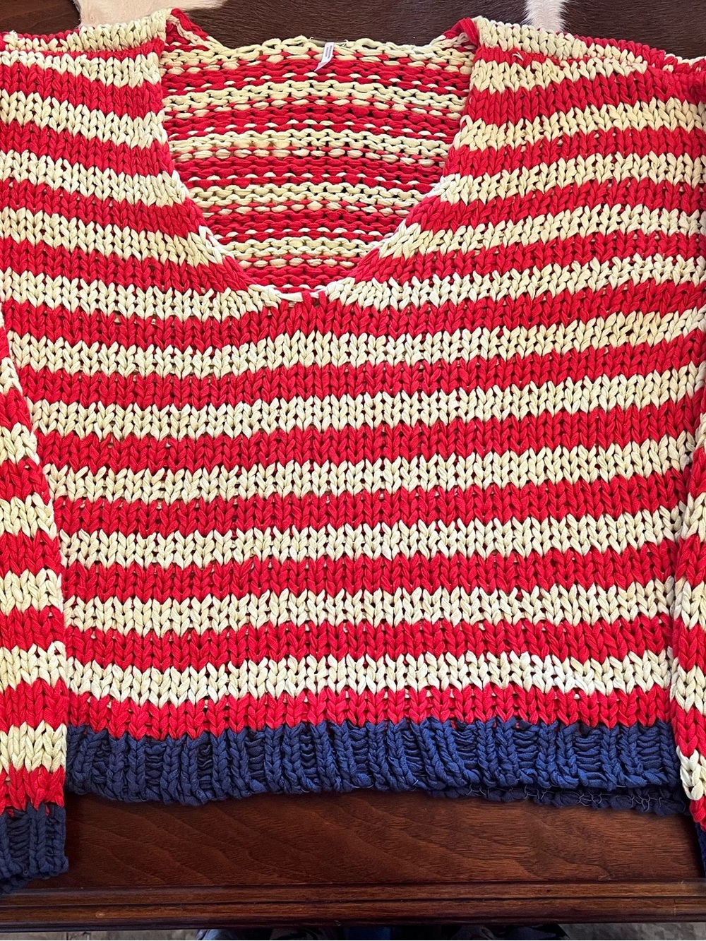Free People Striped V-Neck Knit Sweater in Red and Cream